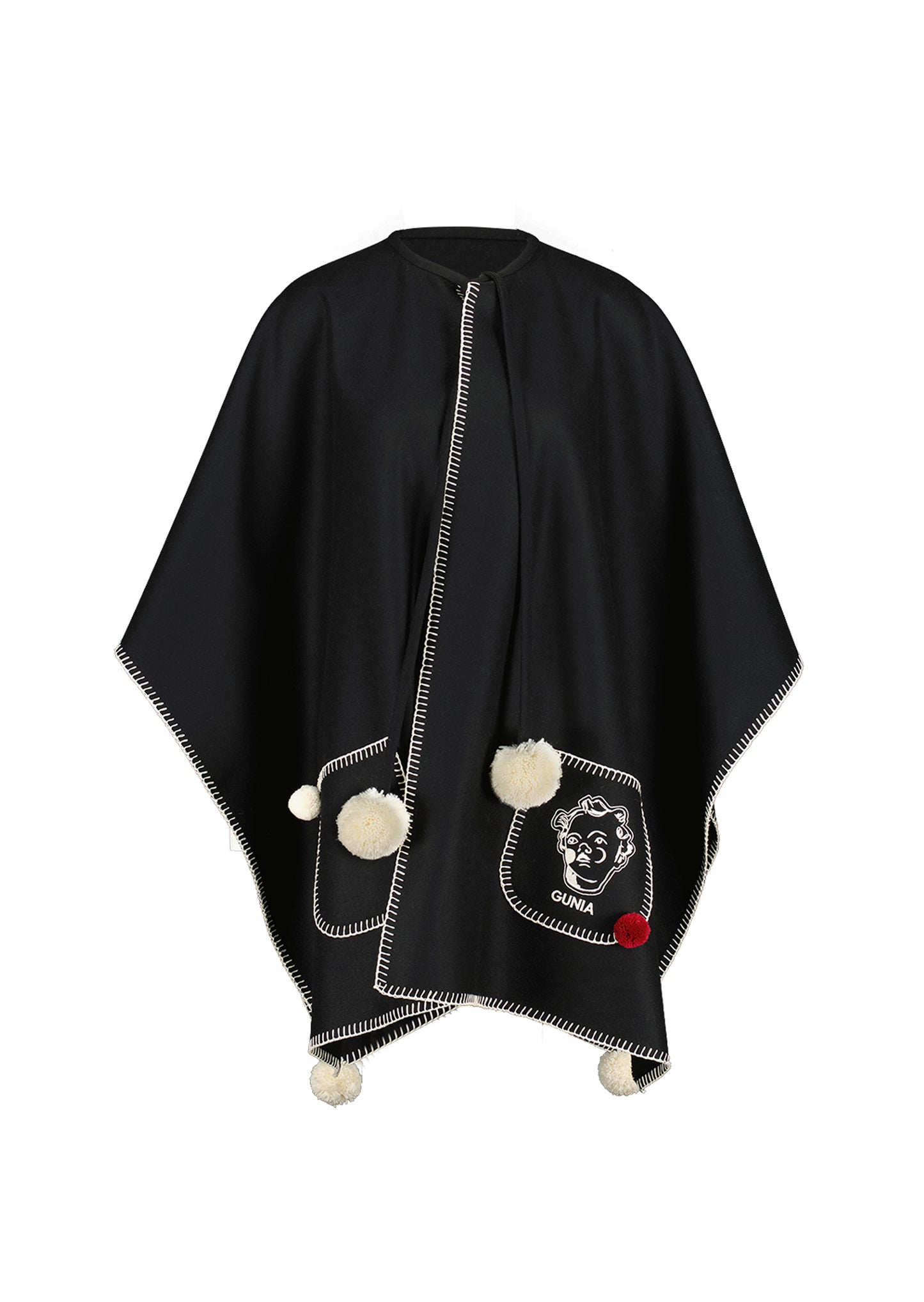 Woollen poncho with pompons