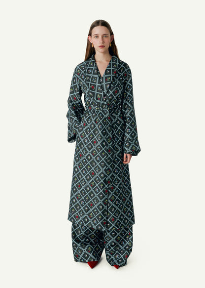 Silk Robe in Ruzha Pattern in black