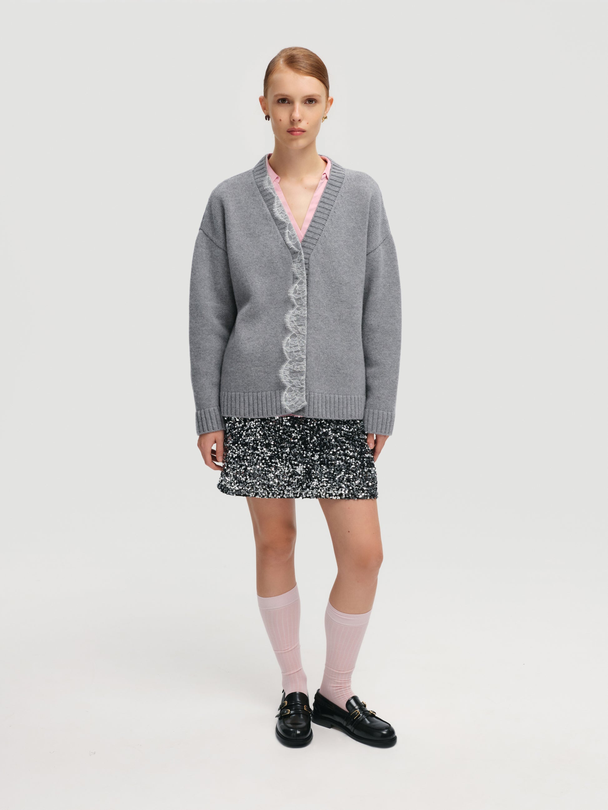 Lace-trimmed Cardigan in Grey slide 2