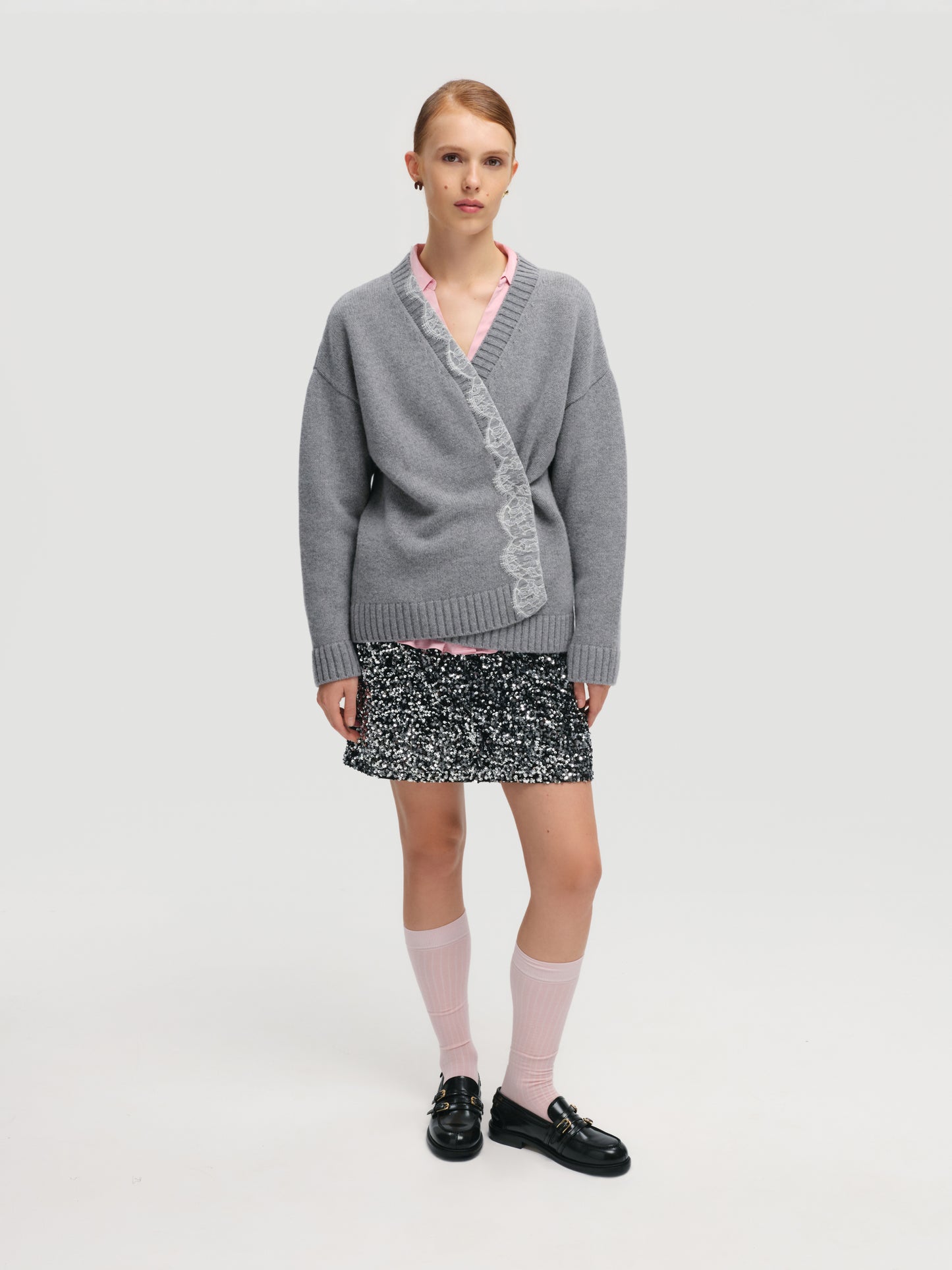Lace-trimmed Cardigan in Grey
