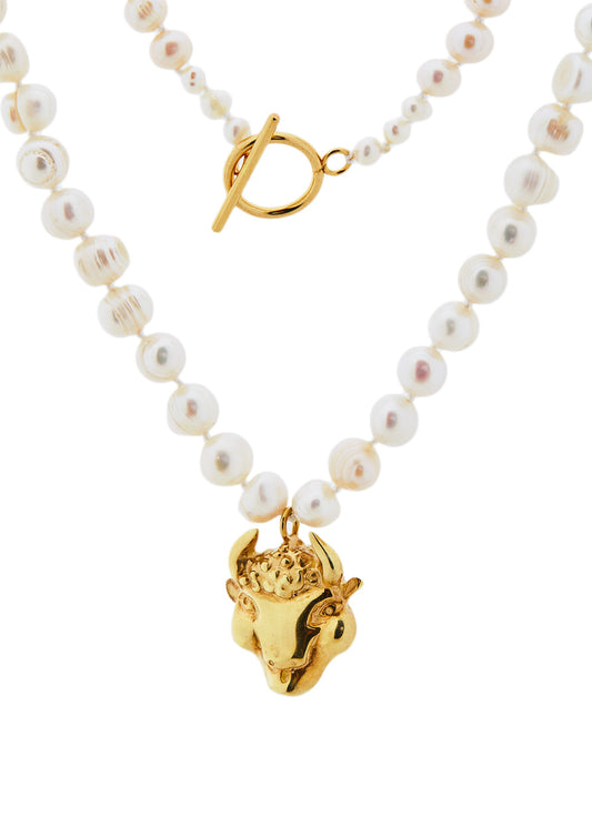 Pearl Necklace with a Bull in Gold