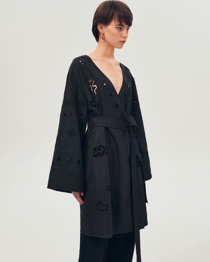 Liana Embroidered Robe in Black