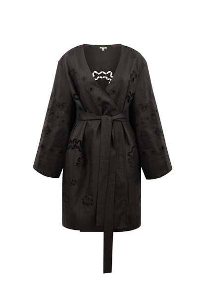 Liana Embroidered Robe in Black