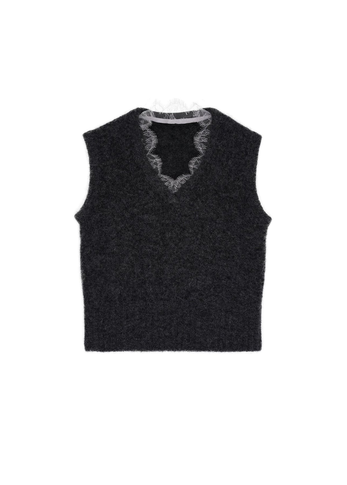 Lace-Trimmed Knitted Vest in Dark Grey slide 1