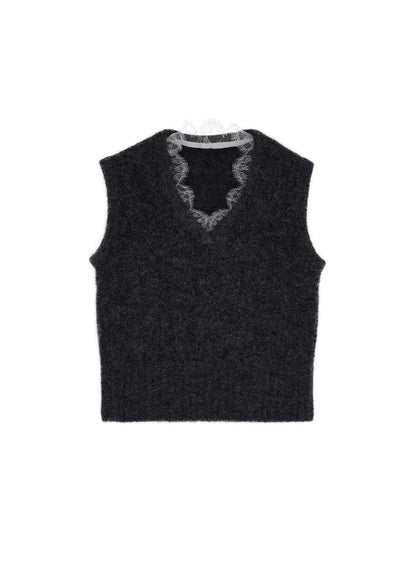 Lace-Trimmed Knitted Vest in Dark Grey