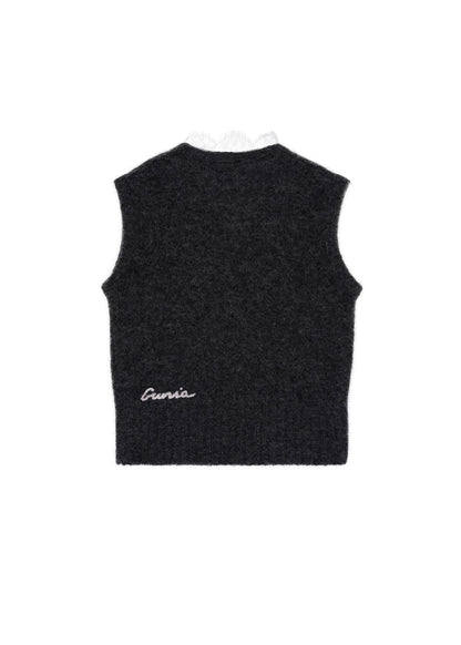 Lace-Trimmed Knitted Vest in Dark Grey