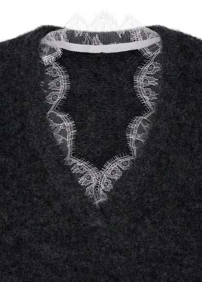 Lace-Trimmed Knitted Vest in Dark Grey