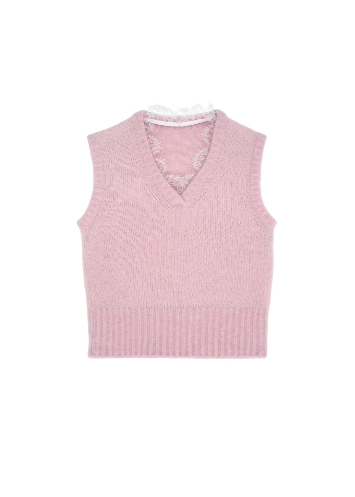 Lace-Trimmed Knitted Vest in Pink slide 1