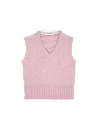 Lace-Trimmed Knitted Vest in Pink