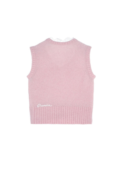 Lace-Trimmed Knitted Vest in Pink