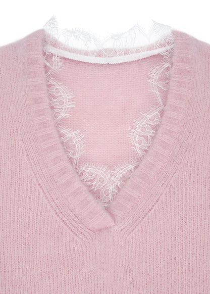Lace-Trimmed Knitted Vest in Pink