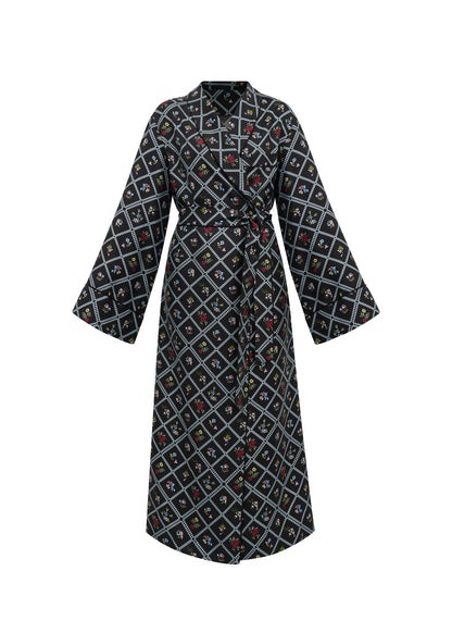 Silk Robe in Ruzha Pattern in black