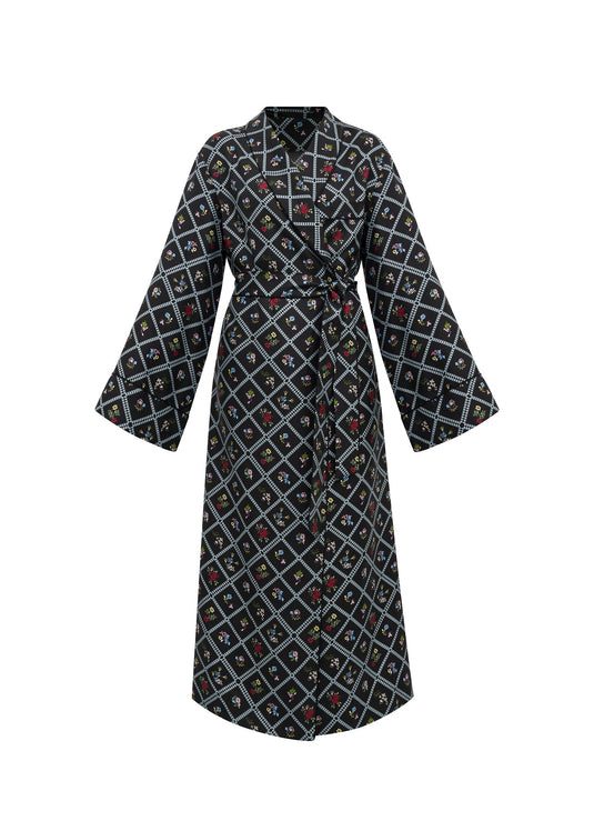 Silk Robe in Ruzha Pattern in black